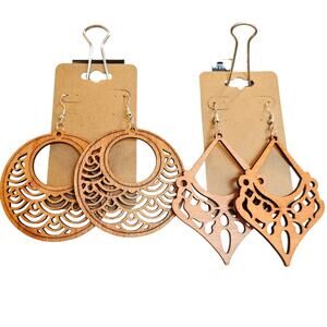 Wooden Laser Cut Dangle Earrings Boho Style Lightweight Lot of 2 pr Round